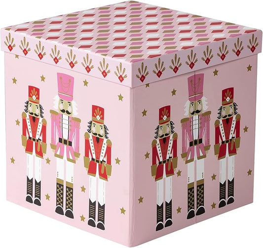 RUSPEPA Christmas Gift Box with Lid, Pink Nutcracker Soldier Design and Diamond Pattern Lid, Medium Collapsible Box with Ribbon, Tissue Paper for Girls, Gift Wrap, Candy Storage, 9x9x9 Inches, 1 Pcs