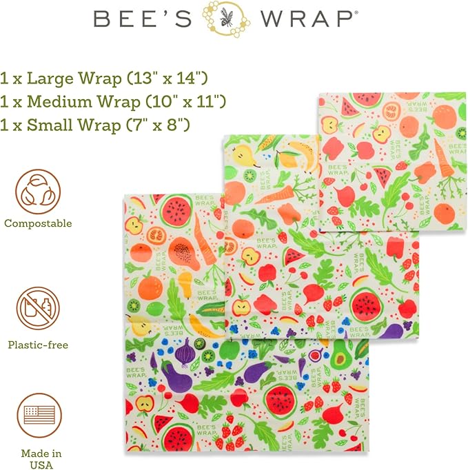 Bee's Wrap Beeswax Wraps for Food - Made in USA Reusable & Organic Food Wraps, Sandwich Wrap & Bowl Covers - Eco-Friendly Alternative to Aluminum Foil & Plastic Wrap, Garden Party 3 Pack (S, M, L)