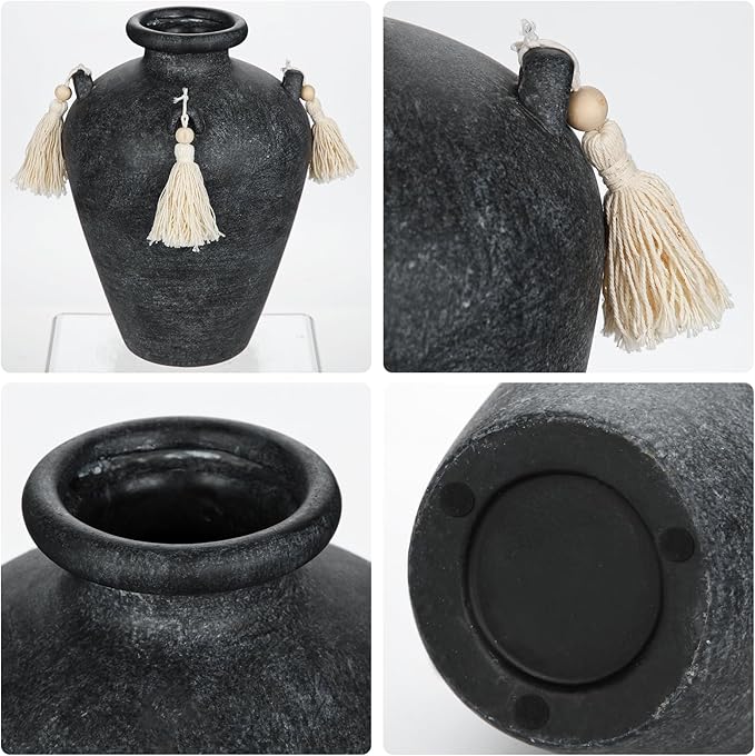 9.4" Large Black Ceramic Vase for Centerpieces - Rustic Farmhouse Vase with 4 Ears & Tassels, Terracotta Vintage Flower Vases for Table, Desk, Living Room, Bedroom, Entryway, Holiday & Weddings Decor