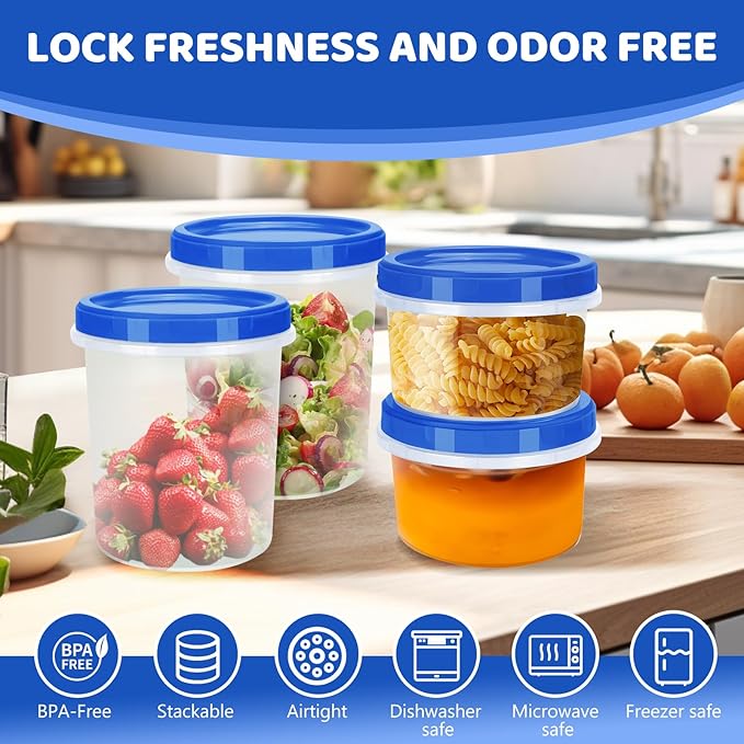 Food Storage Containers with Twist Top Lids, Ultra Thick Airtight Plastic Containers for Soup, Leftover, Ice Cream, Overnight Oats, BPA Free Stackable Freezer Containers [12 Pack-32 oz]