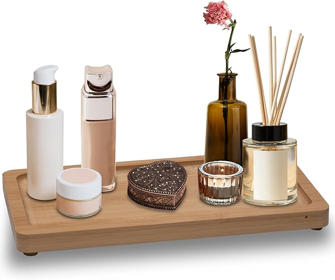 Small Bamboo Tray for Bathroom Countertop - Natural Wooden Bathroom Counter Tray Decor, Spa Skincare Make up Trays for Vanity or Dresser Tops, Neutral Home Decor Aesthetic, Soap Dish, 9 inch
