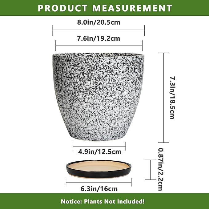 Ceraimc Plant Pot - 8 Inch Planter with Drainage and Saucer, Modern Round Planter, Flower Pot for Indoor Outdoor Plants, Home Room Garden Apartment Decor, Gifts for Plant Lovers, White-Black