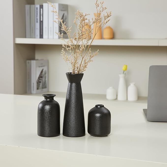 Black Ceramic Vase Set of 3,Small Boho Vase for for Decor,Matte Frosted Texture Finish,Modern Rustic Farmhouse Home Decor,Decorative vase for Pampas Grass&Dried Flowers,Shelf,Table,Mantel,Entryway