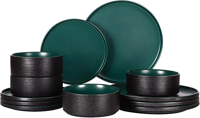 GZG Classic Series - Plates and Bowls Set for 4, 12 Piece Stoneware Dinnerware Sets, Microwave and Dishwasher Safe Lead-Free Handcrafted Ceramic Dishes Set - Malachite Green