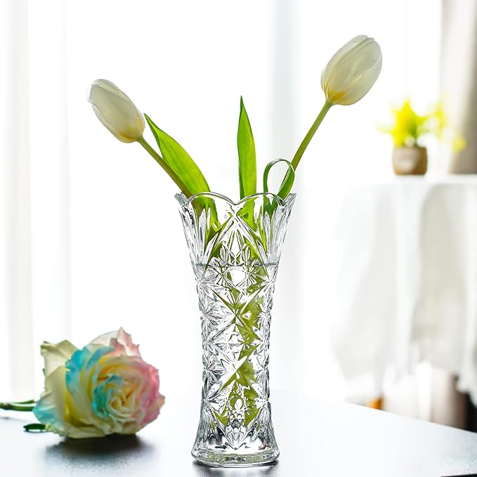 Kanpura 7.6" Clear Glass Flower Vase,Thickened Crystal Glass Vase for Flowers & Decor,Sunflower Design (1 Piece)