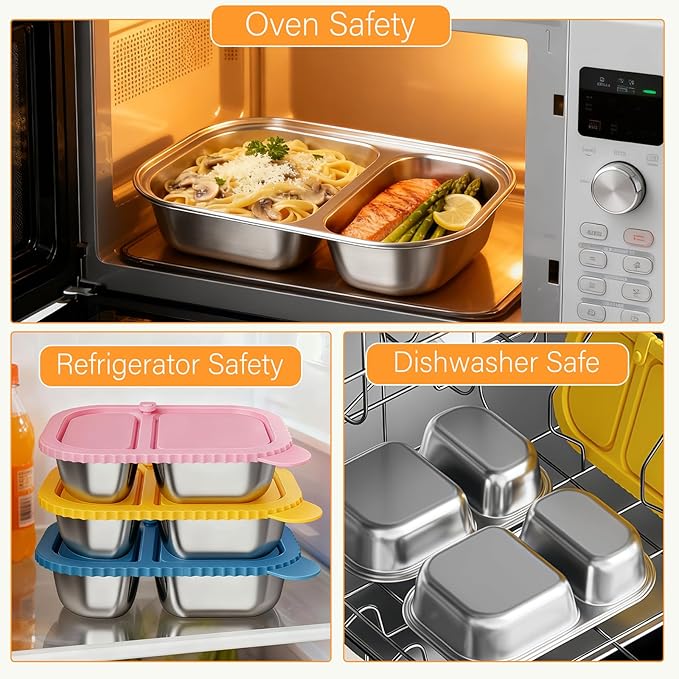 3 Pack Stainless Steel Snack Containers, Reusable Snack Containers with Lids, 2 Compartment Food Storage Containers, Lunchable Container for Kids, Office, Travel, Picnic
