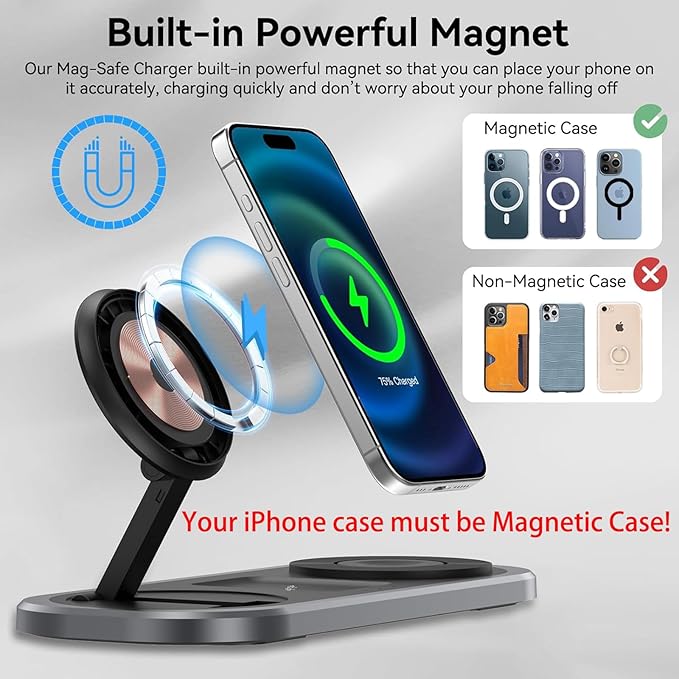 3 in 1 Fast Wireless Charger Stand for iPhone, Foldable Travel Charging Station for Magsafe for iPhone 17/Air/16/15/14/13/12 Series, Apple Watch Serie, AirPods pro/2/3/4, 2025 Christ mas Gifts (Black)