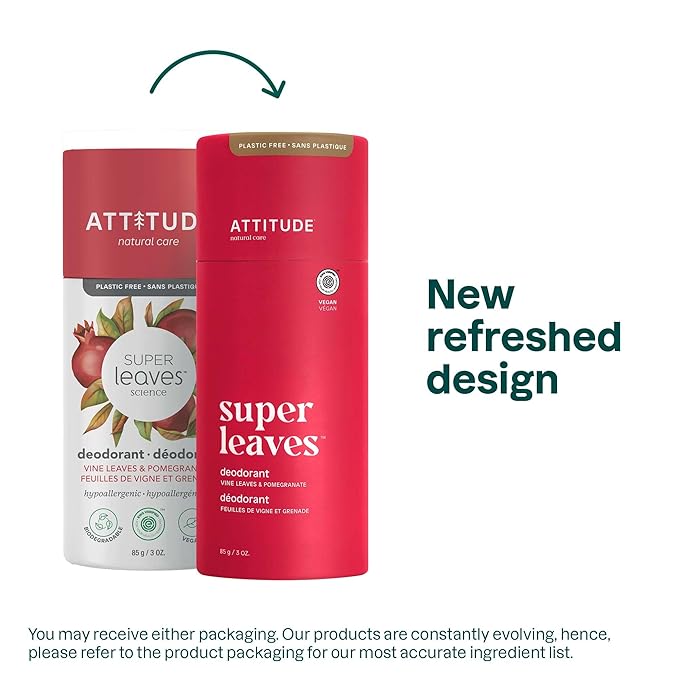 ATTITUDE Plastic-Free Deodorant, EWG Verified, Aluminum Free, Vegan Naturally Sourced Body Deodorants for Women & Men, Dermatologically Tested, Vine Leaves and Pomegranate, 3 Ounces (Pack of 6)