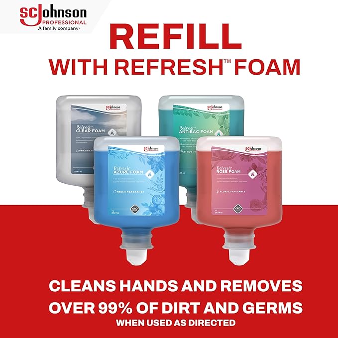 SC Johnson Professional Azure FOAM Dispenser and Refill Starter Kit, Wall Mount Soap Dispenser for Hand Soap, 1 Refresh Azure FOAM Hand Wash, 1 Liter Cartridge, 33.8 fl. oz., for Professional Use Only