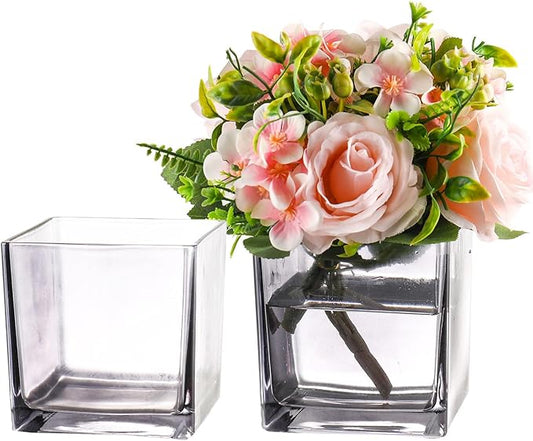 Square Grey Glass Vases Set of 2, 6" x 6" x 6" Square Vase for Centerpieces, Flower Vases for Centerpieces, Small Vase for Wedding, Party, Home Office Decoration