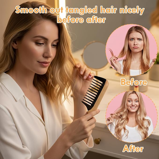 Bamboo Wide Tooth Comb Set, 2 Pcs Natural Handmade Bamboo Wooden Wide Tooth Comb for Women, Anti-Static for Thick Wet Wavy Hair Women Men
