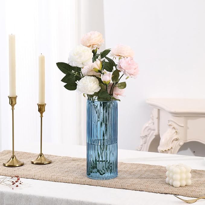 Blue Glass Vase, Glass Flower Vase, Ribbed Glass Vases, Blue Vase, Tall Cylinder Vases for Centerpieces, Living Room, Bedroom, Dining Table, Office, Wedding, Bookshelf Decoration, 10 Inches