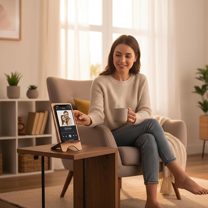 Design Your Own Phone Stand Personalized Wooden Holder Custom Pet Name Engraved Handmade Desk and Home Accessory Gift (Spotify Version with Custom Photo)