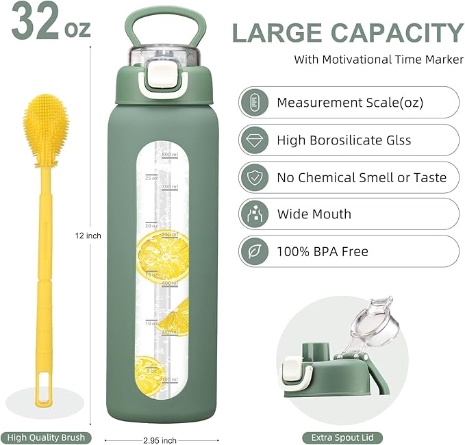 32 oz Glass Water Bottles with 2 Lids-Handle Spout Lid & Straw Lid, 1 Liter Motivational Borosilicate Water Bottle with Time Marker and Silicone Sleeve,Leakproof-Olive-1 Pack