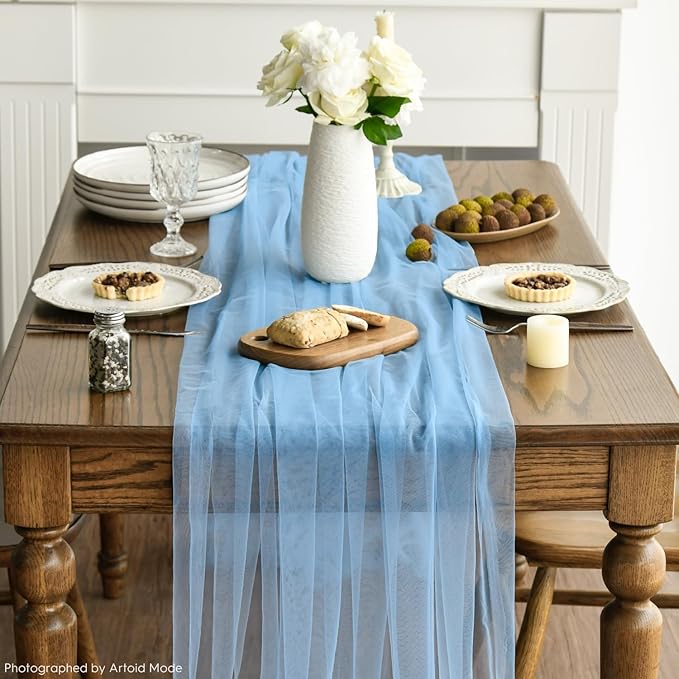 Artoid Mode 10PCS Dusty Blue Gauze Table Runner 120 Inch 10FT, Seasonal Sheer Kitchen Dining Holiday Wedding Birthday Baby Shower Table Decor for Home Party