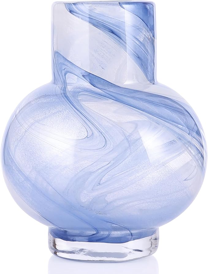 Blue Hand Blown Glass Wide Mouth vase for Home Decoration Short Round Glass vase for Living Room, Dining Table, Bookcase, TV Cabinet, Bookshelf and Office Desktop Decoration.