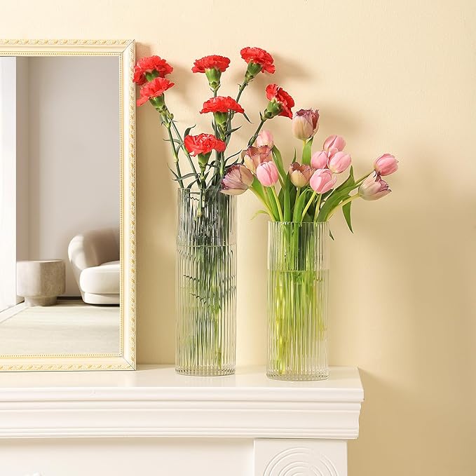 Clear Glass Vases, Glass Flower Vases Set of 2, Ribbed Glass Vases, Clear Vase, Tall Cylinder Vase for Centerpieces, Living Room, Bedroom, Dining Table, Office, Wedding, Bookshelf