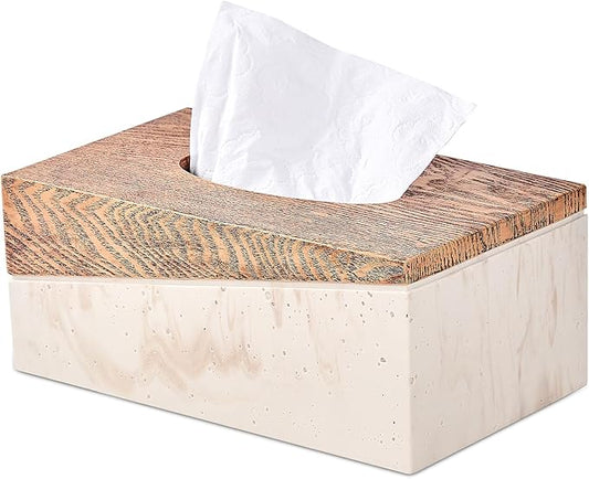 Rectangular Natural Travertine and Rustic Wood Textures Tissue Box Cover for Bathroom,Livingroom,Bedroom, Hand-Made Resin Wood Inlaid Travertine Tissue Box Holder,10 x 5.7 x 4.5 in
