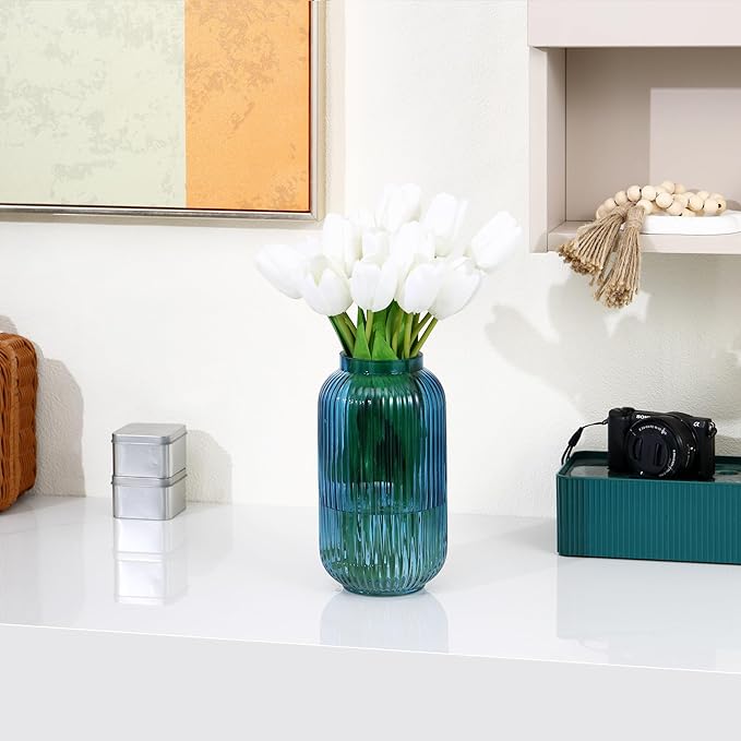 Ribbed Glass Vase, Blue Flower Vase for Bouquet, Glass Vases for Flowers, Modern Vases for Living Room, Bedroom, Kitchen, Dining Table, Office, Wedding, 8.6 Inches