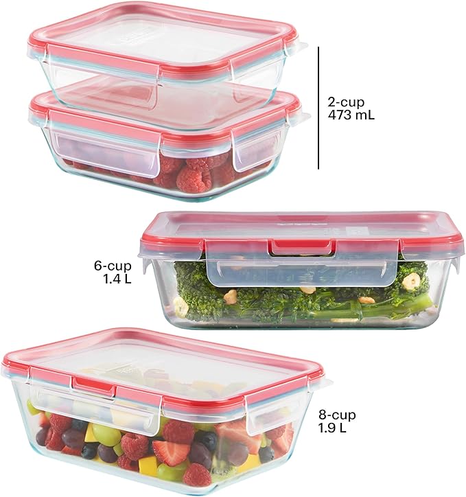 Pyrex Freshlock (4-Pack) Mixed Sized Glass Food Storage Containers Set, Airtight & Leakproof Locking Lids BPA-Free, Meal Prep Containers Set, Freezer Dishwasher Microwave Safe