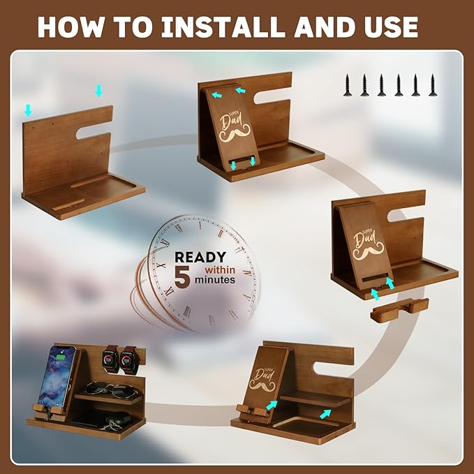 Fathers Day for Dad, Dad Birthday Gifts, Wood Phone Docking Station, Nightstand Organizer, Gifts for Dad, Christmas Father's Day Dad Gifts from Daughter Son, Organiser Birthday Presents for Dad