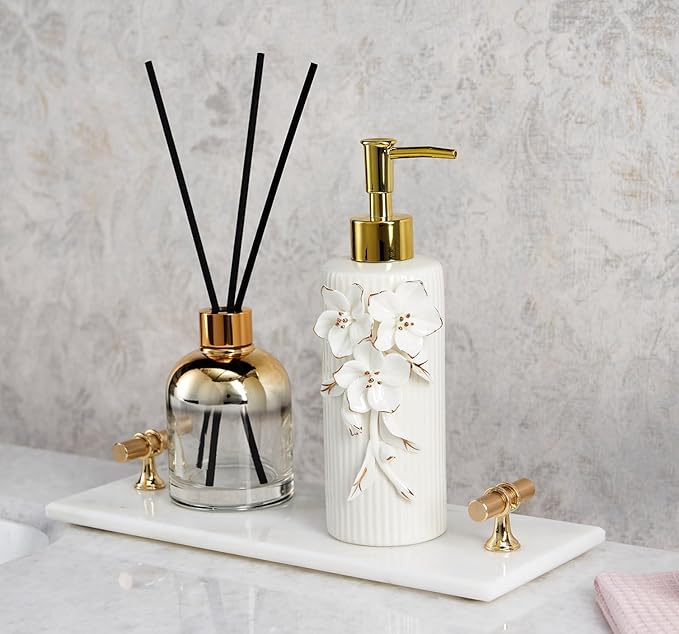 Handmade Ceramic Flower Soap Pump Dispenser Hand Lotion Liquid Dispenser Refillable for Kitchen and Bathroom Decorative (Flower Gold)