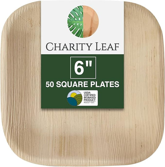 Charity Leaf Disposable Palm Leaf 6" Square Plates (50 pieces) Bamboo Like Serving Platters, Disposable Boards, Eco-Friendly Dinnerware For Weddings, Catering, Events