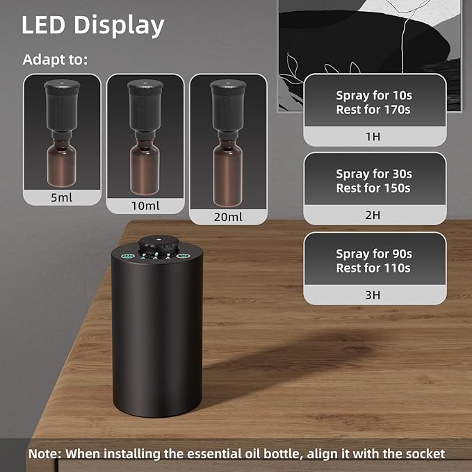 Waterless Essential Oil Diffuser for Home Battery Operated Cordless Scent Diffuser with Timing & 3 Mist Levels car Diffuser，Black Aluminum Alloy