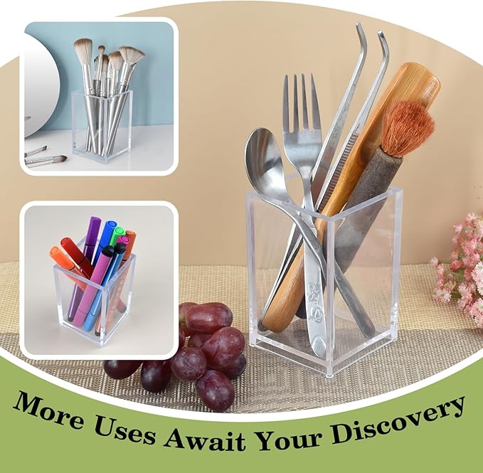 20 Pack Clear Acrylic Pen Holder for Desk, Pencil Cup Makeup Brush Organizer, Square Acrylic Pencil Holders for Office School Home Supplies, Desktop Stationery Organizer for Pens Markers Brushes