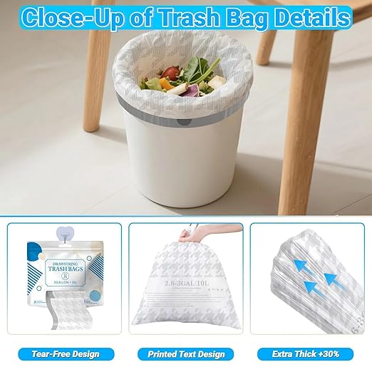 OKKEAI 2.6 Gallon Trash Bags White Drawstring Small Bathroom Garbage Bags – 90 Count Tear-Free, Heavy Duty Printed Liners, Leak-Proof White Trash Bag for Kitchen, Office, Multipurpose Use