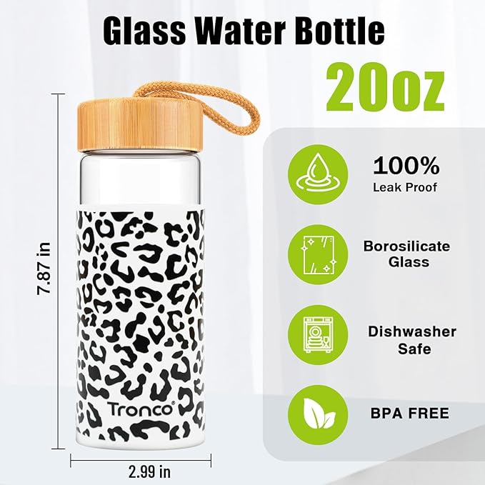 Tronco 20oz Glass Water Bottles with Bamboo Lid & Silicone Sleeve, Leak Proof, BPA Free, Reusable Borosilicate Glass Bottles for Juicing, Smoothies, Juice & Water, for Men & Women Gym, Office, Travel