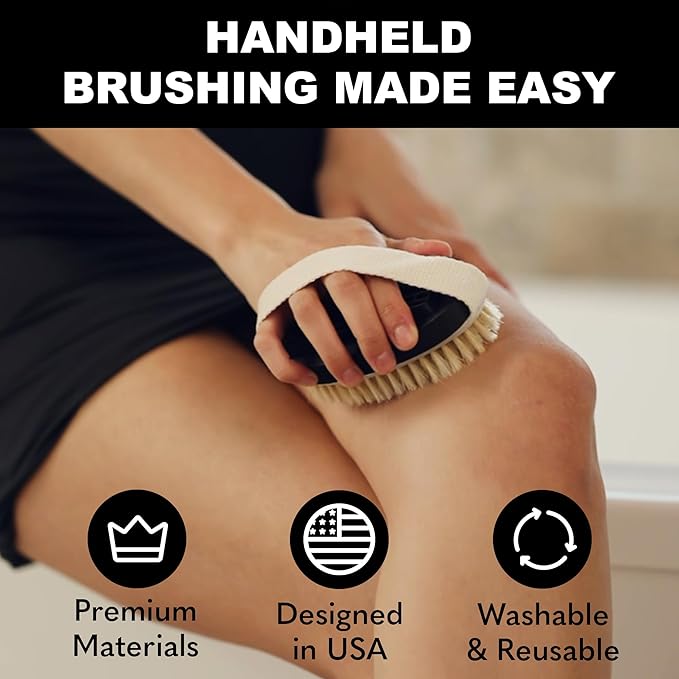 Bearback Dry Brushing Body Brush with Natural Bristles - Premium Exfoliating Brush for Shower or Dry Brushing | Long Folding Handle, Removable Brush Head