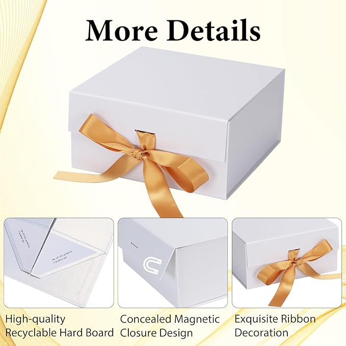 4 Pack 8x8x4 Inches White Gift Boxes with Ribbon, Magnetic Gift Box with Lid for Wedding, Groomsmen Bridesmaid Proposal, Birthdays, Mother's Day