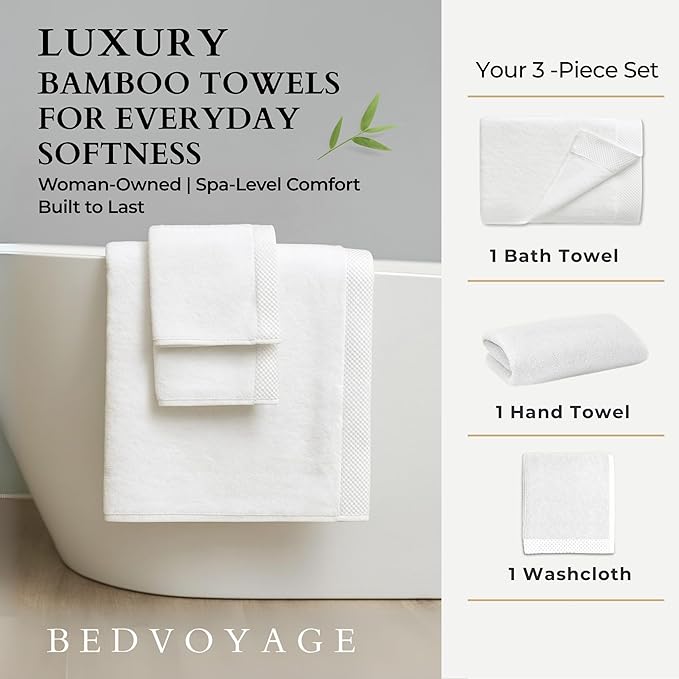 BedVoyage Luxury Bath Towels Set of 3 - Ultra Soft Plush Bathroom Towel Set - Highly Absorbent Viscose from Bamboo Bath Towels Ultra Soft - 3pc Spa Towel for Body - White