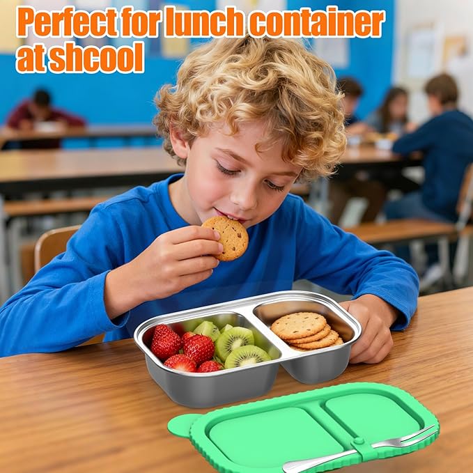 Stainless Steel Snack Containers with Silicone Lids, 2 Pack Reusable 2 Compartment Food Storage Containers, Snackle Box Container Leak-Proof Metal Bento Lunch Box for School, Travel, Home