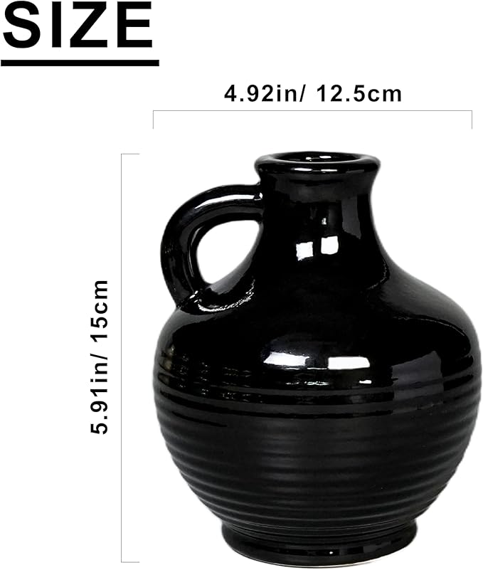 Sunddo Black Ceramic Vases Home Décor- 6 Inch Small Modern Decorative Vase with Handle, Black Decor, Table Mantle Fireplace Living Room Bathroom Wedding Centerpiece