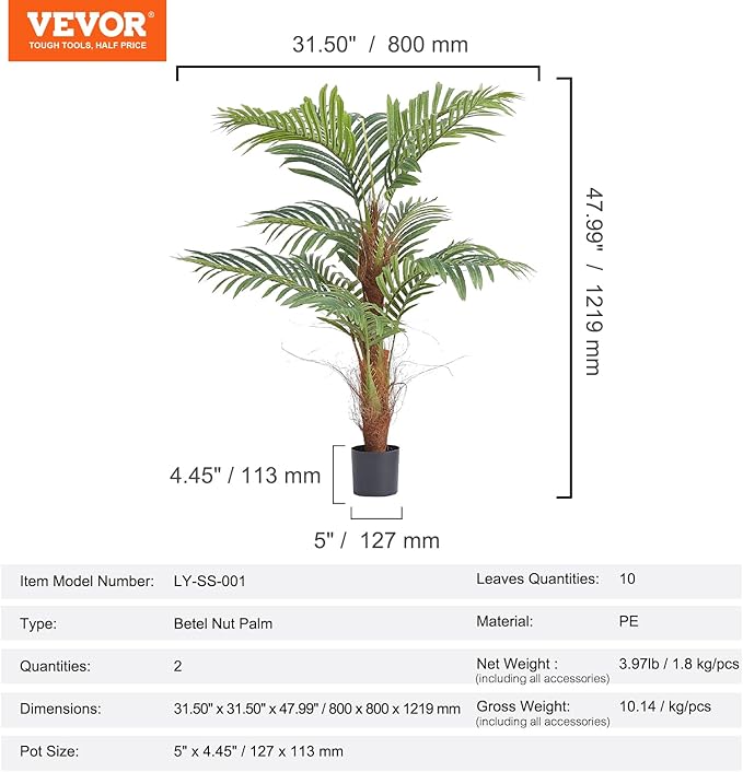 VEVOR Artificial Palm Tree, 4 FT Tall Faux Plant with 10 Artificial Leaves and Moss-Covered Potting Soil, Lifelike Green Fake Tree for Home Office Christmas Decor Indoor Outdoor - 2 Pack