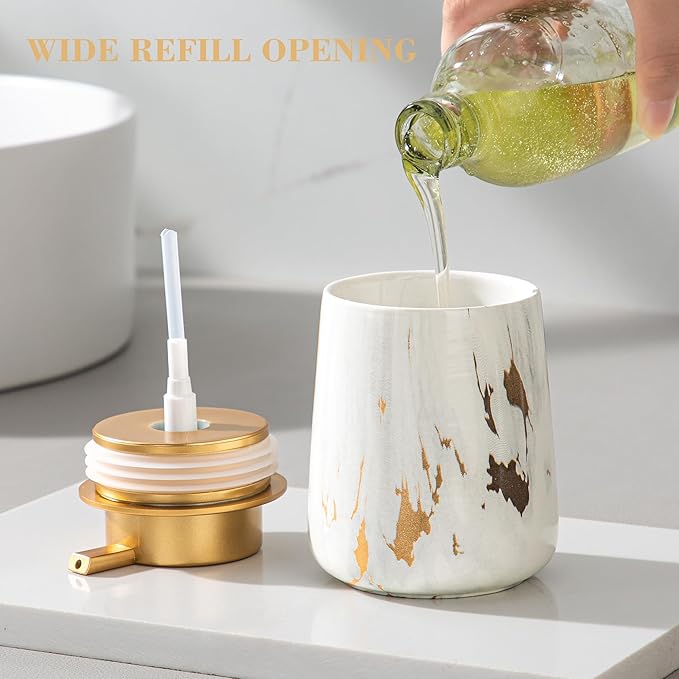 Enra Ceramic Gold Soap Dispenser,12 oz Marble Lotion Dispenser Bathroom Liquid Refillable Hand Soap Dispenser for Bathroom Kitchen with Easy-to-Press Pump (Glod Liquid Type)