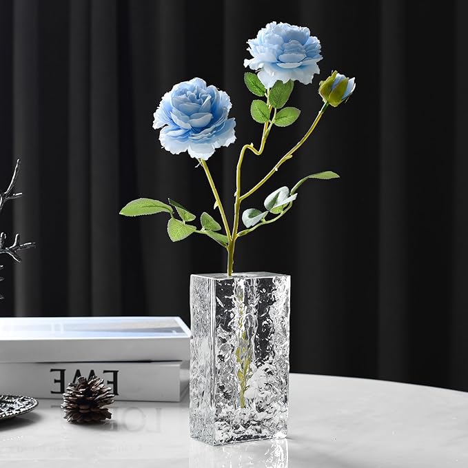 Crystal Flower Vase with Glacial Texture, Clear, Handcrafted Centerpiece for Wedding, Home Decor, Table Display