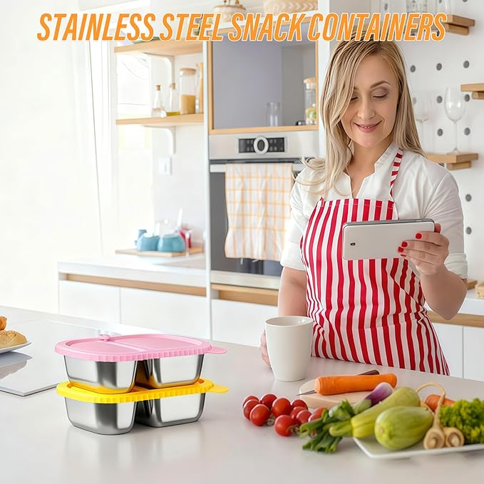 3 Pack Stainless Steel Snack Containers, Reusable Snack Containers with Lids, 2 Compartment Food Storage Containers, Lunchable Container for Kids, Office, Travel, Picnic
