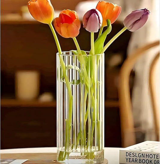 8 inch Clear Glass Flower Vases,Ribbed Vase for Centerpiece Table Home Indoor Desk Decor, Modern Boho Style Vase for Wedding House Gift