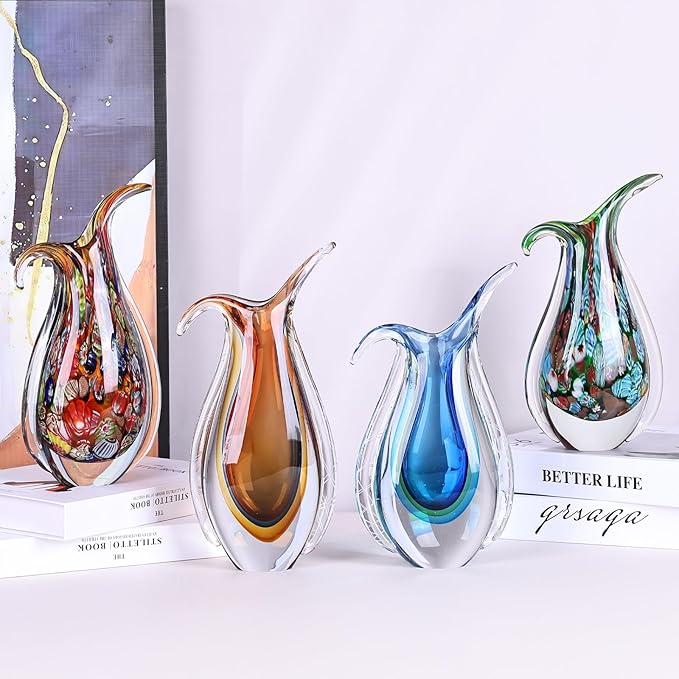 Hand Blown Glass Vase for Centerpiece, Murano Style Table Decoration, Red Blown Art Glass Ellipse Flower Vase, Single Stem Beautiful Decor for Home, Beachy Room Decor for Home Shelf