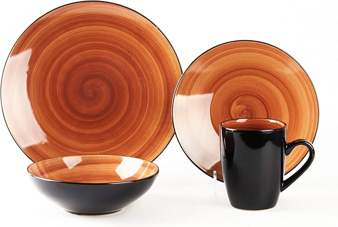 Sonoma 16pc Stoneware Dinnerware Set, Outside Black + Inside Hand Painting Combi Colors of Cobalt, Mocha, Rose and Spice with Speckle