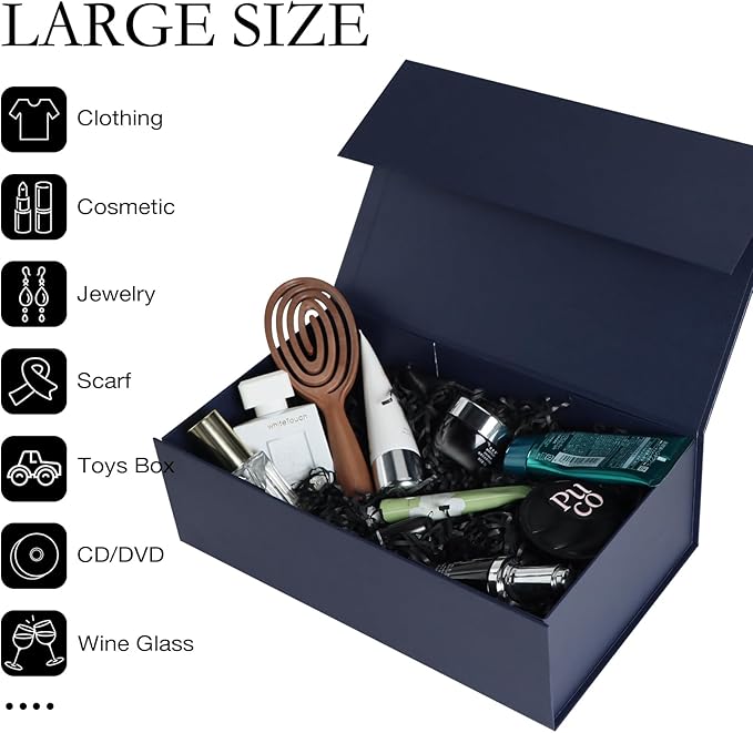 Navy Blue Gift Box with Magnetic Lids 13.8x8.3x4.4 in, Bridesmaid Groomsman Proposal Box, Large Rectangle Storage Box 1 Pack