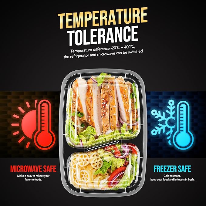 Glotoch 50 Pack 32 oz Meal Prep Containers Reusable, 2 Compartment Food Containers with Lids To Go Containers, Lunch-Microwave, Freezer, Dishwasher Safe