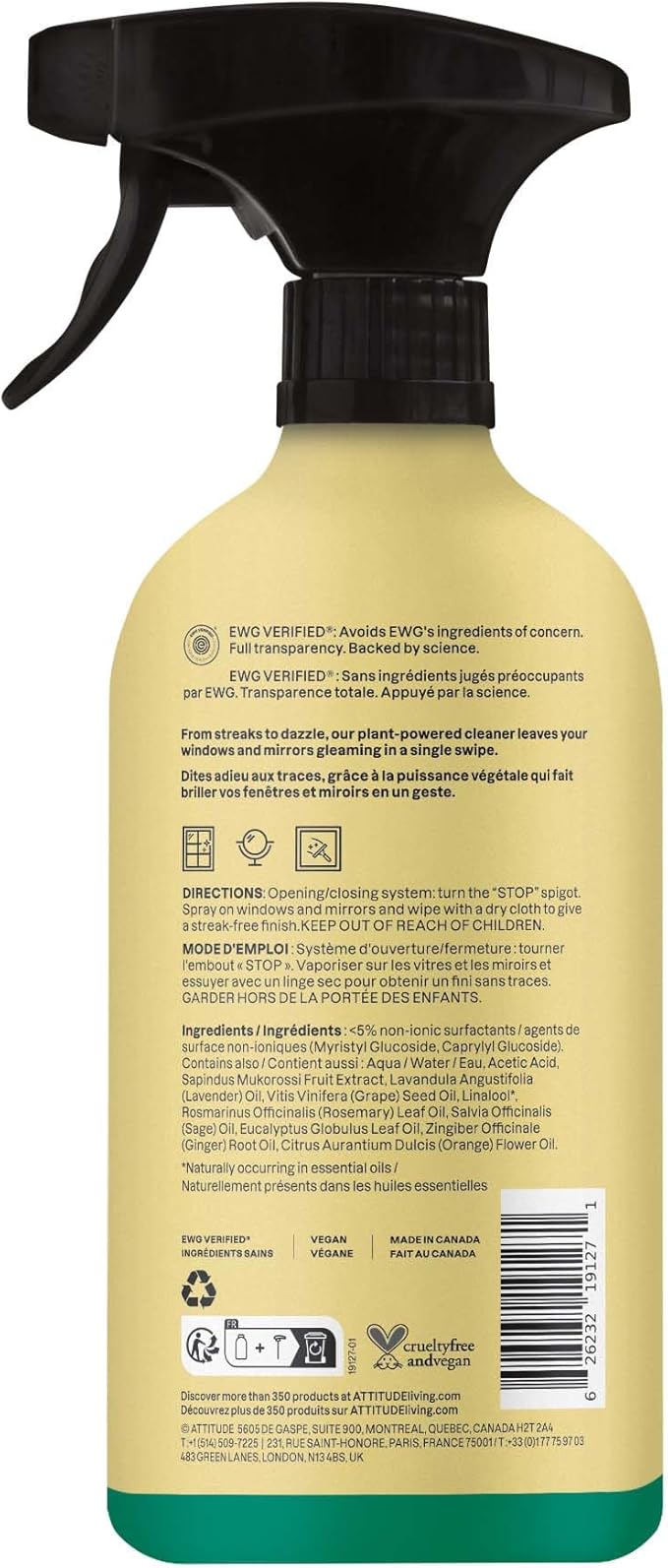 ATTITUDE Window & Mirror Cleaner Spray, Plant-Based Ingredients, EWG Verified, Streak Free, Removes Fingerprints, Dust and Dirt, Lavender & Rosemary, 26 Fl Oz (Pack of 3)