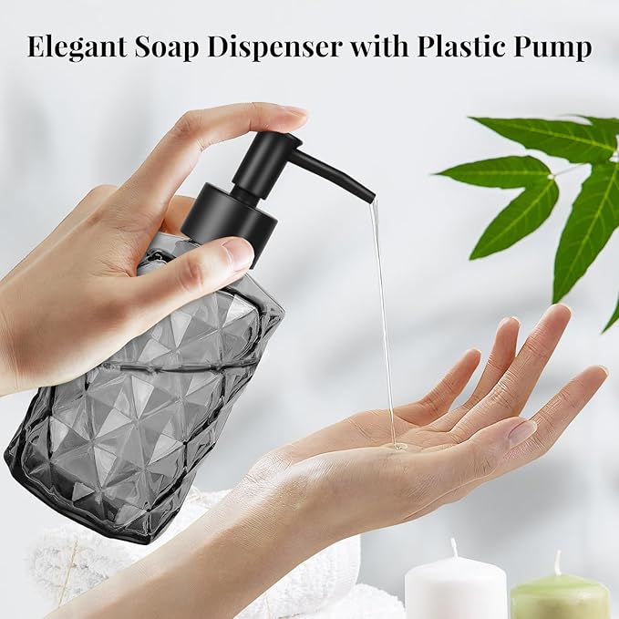 11oz Glass Soap Dispenser with Plastic Pump, Clear Black Bathroom Soap Dispenser for Hand Wash & Dish Wash, Elegant Dispenser for Dishwashing Liquid, Lotion, Shower Gel, Essential Oil