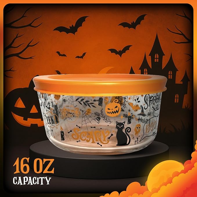 DURA LIVING Halloween Glass Food Storage Containers with Lids | Set of 6 (3 Containers + 3 Lids) 2-Cup | Spooky Design, BPA-Free, Microwave & Dishwasher Safe|Perfect for Meal Prep, Snacks & Leftovers