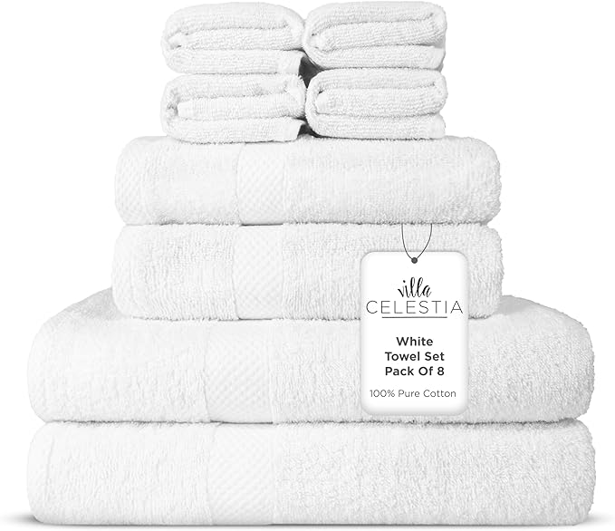 100% Combed Cotton Bathroom Towel Set of 8- 2 Bath Towels, 2 Hand Towels, 4 Wash Cloths, Sustainable, Soft, Highly Absorbent 8 Piece Cotton Bath Towel Set Ideal for Hotels, Spa, Bathroom, Dorm, White
