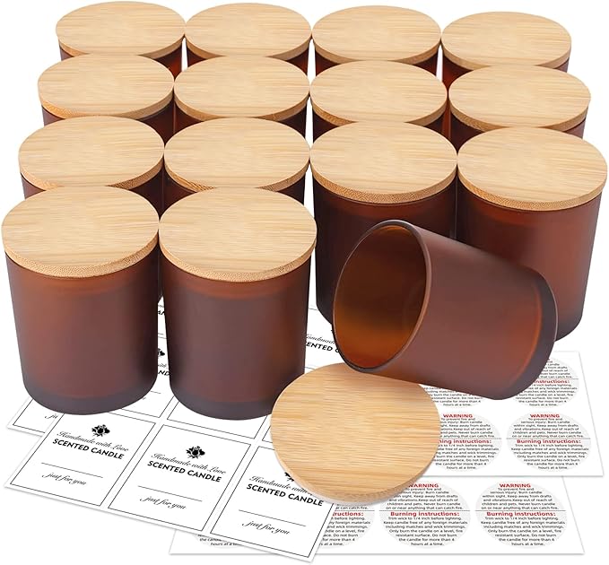 15 Pack Candle Glass Jars- 7oz Frosted Amber Empty Candle Containers with Bamboo Lids and Sticky Labels, Matte Brown Jars in Bulk for Making Candles- Dishwasher Safe-7 fl.oz
